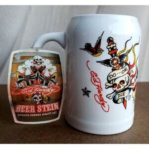 ED HARDY BEER STEIN Superior Drinking Quality Art SKULLS MUG White HOPS ETERNAL!